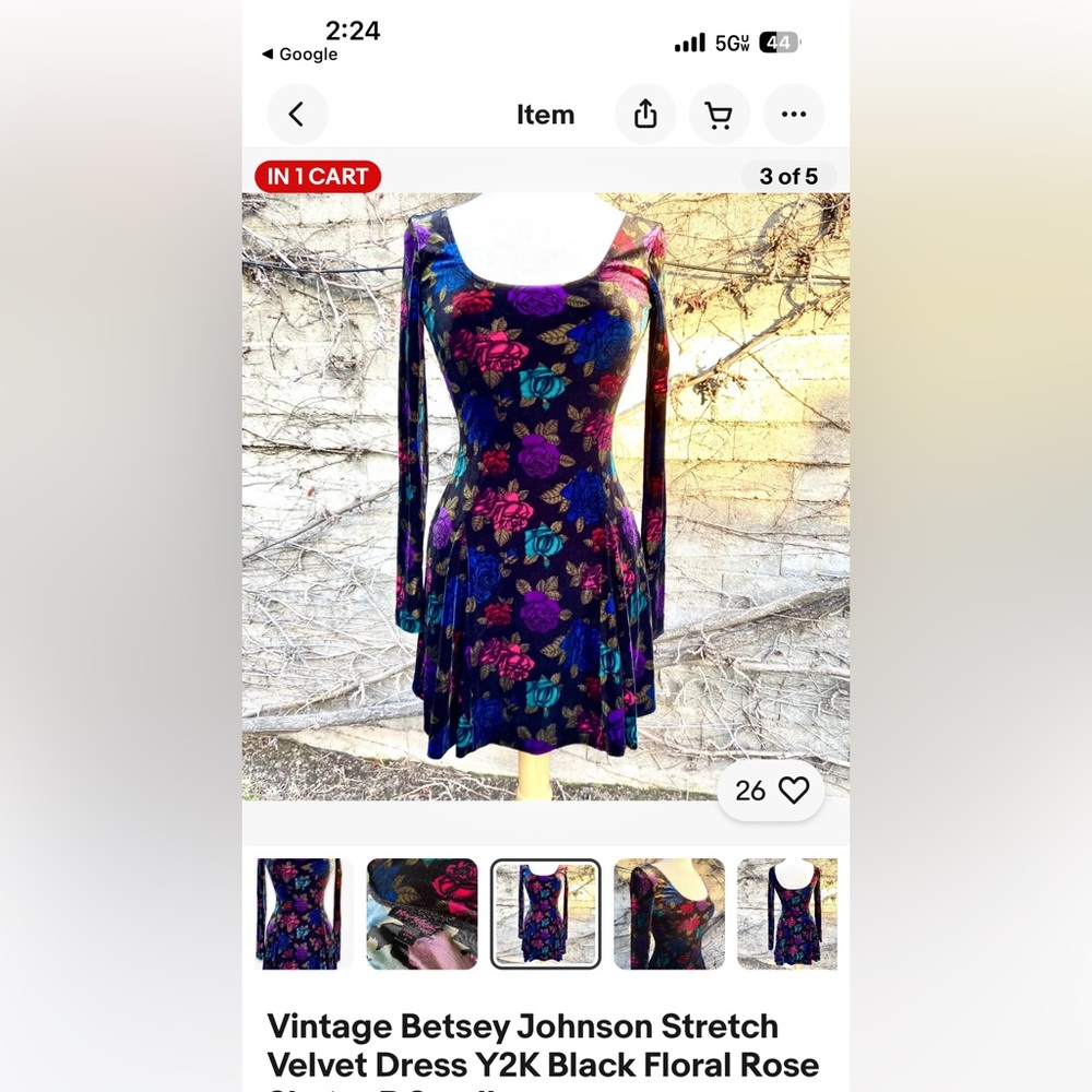 Gorgeous Vintage Betsey Johnson velvet rose swing dress size small! Looks new!